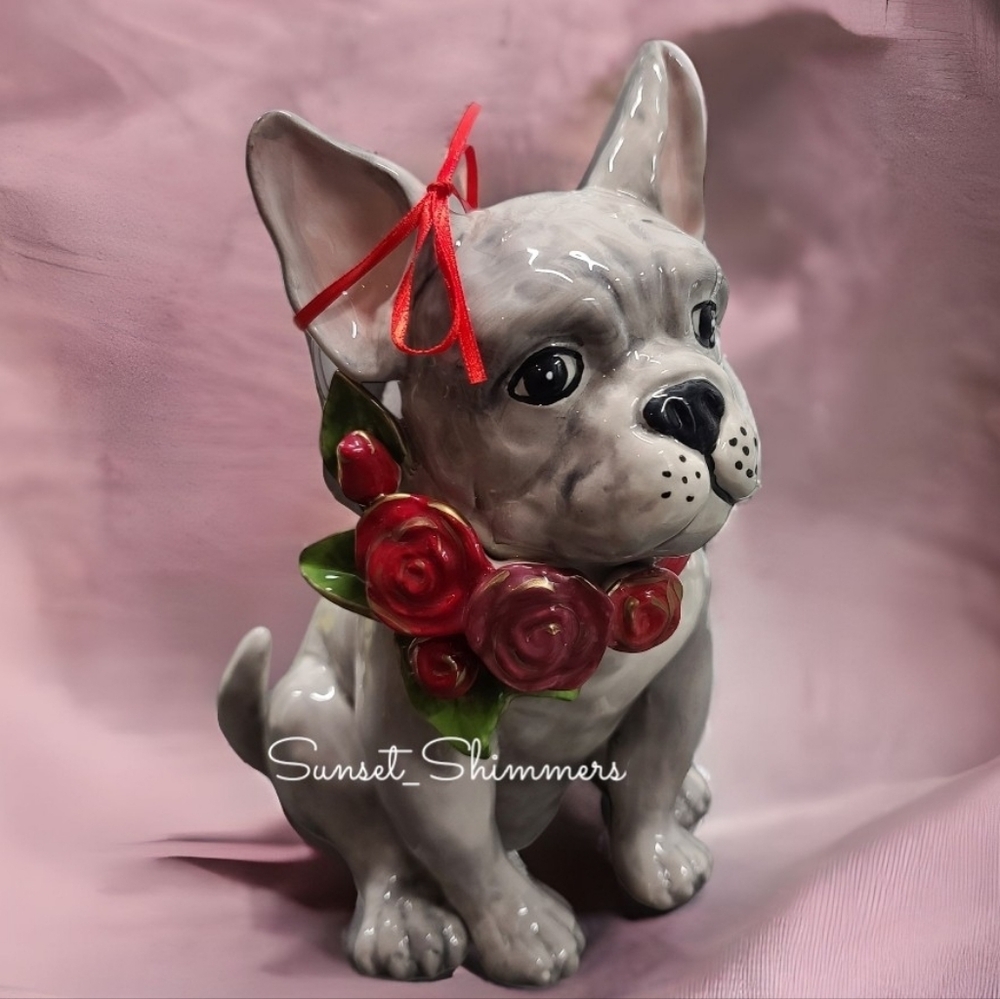 Blue Sky Ceramics Frenchie French Bulldog Red Roses Collar Figurine Valentines